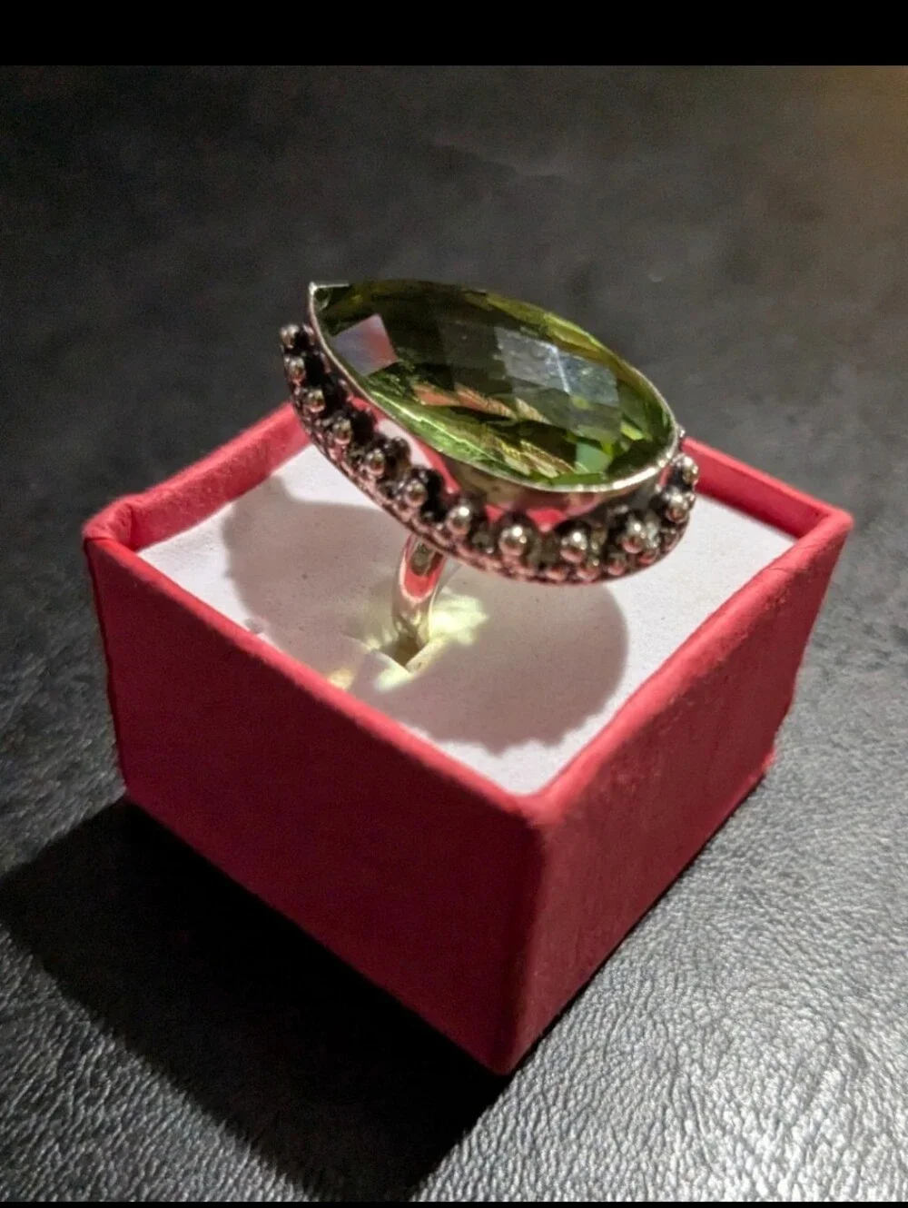 Handcrafted Green Amethyst Oversized Faceted Teardrop Ring  (7)